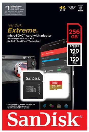 SanDisk 256GB Extreme UHS-I microSDXC and Adapter Micro Memory Card With SD Adapter, 256GB