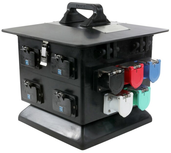 Lex DB100NP-AQQ-S3-RGN Rubber Enclosure 100A Panel Mount Cam Inlet, 12x 20A 5-20 GFCI Duplex Receptacles, Type 3R, Reverse Ground And Neutral