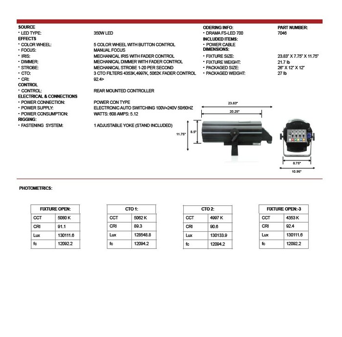 MEGA-LITE Drama FS-LED 700 350W LED FOLLOW SPOT, REAR-MOUNTED CONTROL, 100-220V 50/60Hz (STAND INCLUDED)