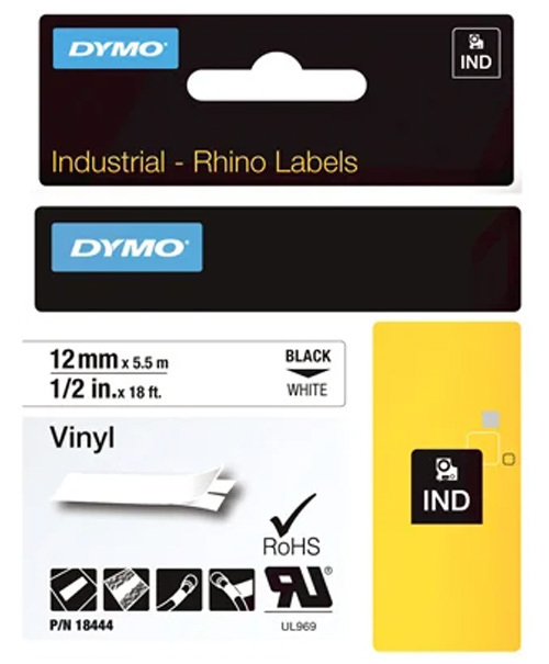 Dymo 18444 Labels,1/2" White Vinyl, 18ft