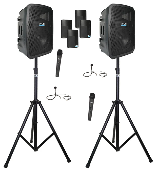 Anchor LIBERTY3-HUBCON-4-S 2 PA Speakers With Liberty 3 Connect And 4 Mics, 2 Stands