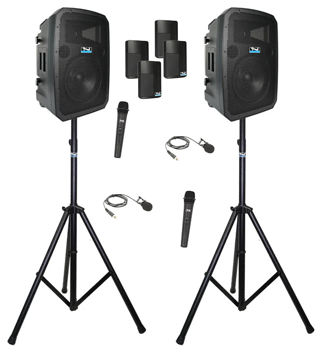 Anchor LIBERTY3-HUBCON-4-S 2 PA Speakers With Liberty 3 Connect And 4 Mics, 2 Stands