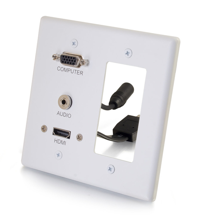 Cables To Go 39877 HDMI, VGA And 3.5mm Audio Pass Through Double Gang Wall Plate With One Decorative Cutout, White